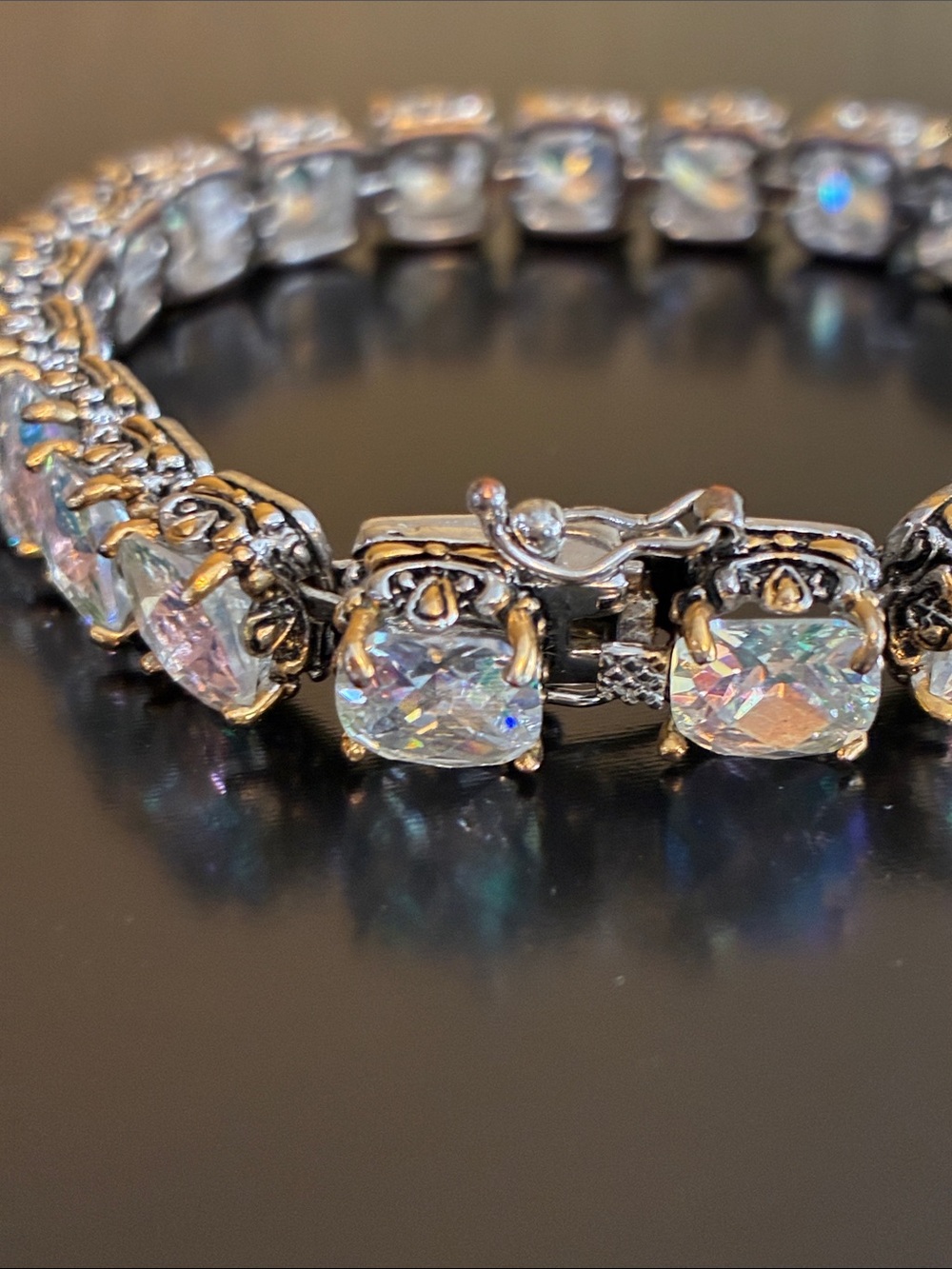 Sparkling Crystal Tennis Bracelet Aurora Borealis Cushion Cut Stones - Picture 5 of 7